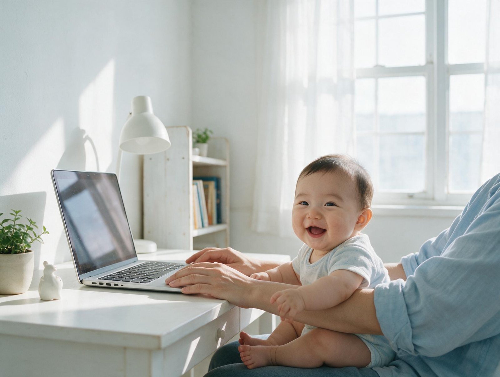 Parent working at a home desk with their baby on their lap