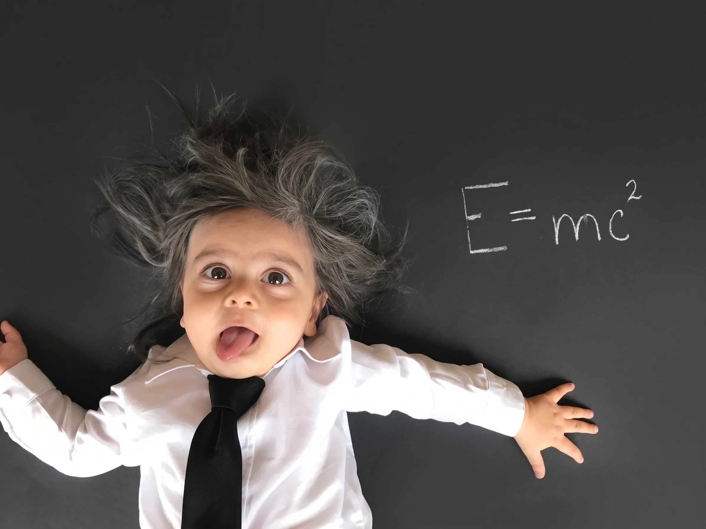 A baby dressed as a scientist beside E=mc squared on a chalkboard